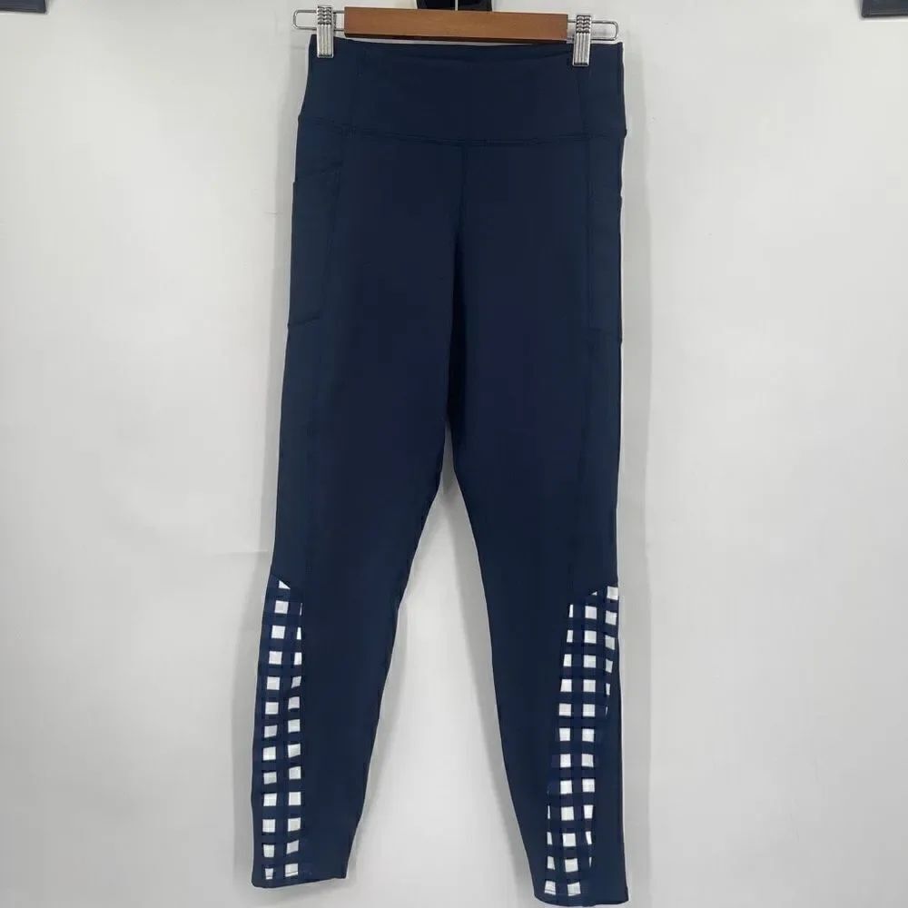 Tuckernuck Navy Blue Trellis Check High Rise Compression Leggings Size Small